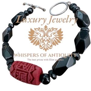 Black Spinel and Opal Bead Bracelet Carved Cinnabar Bead